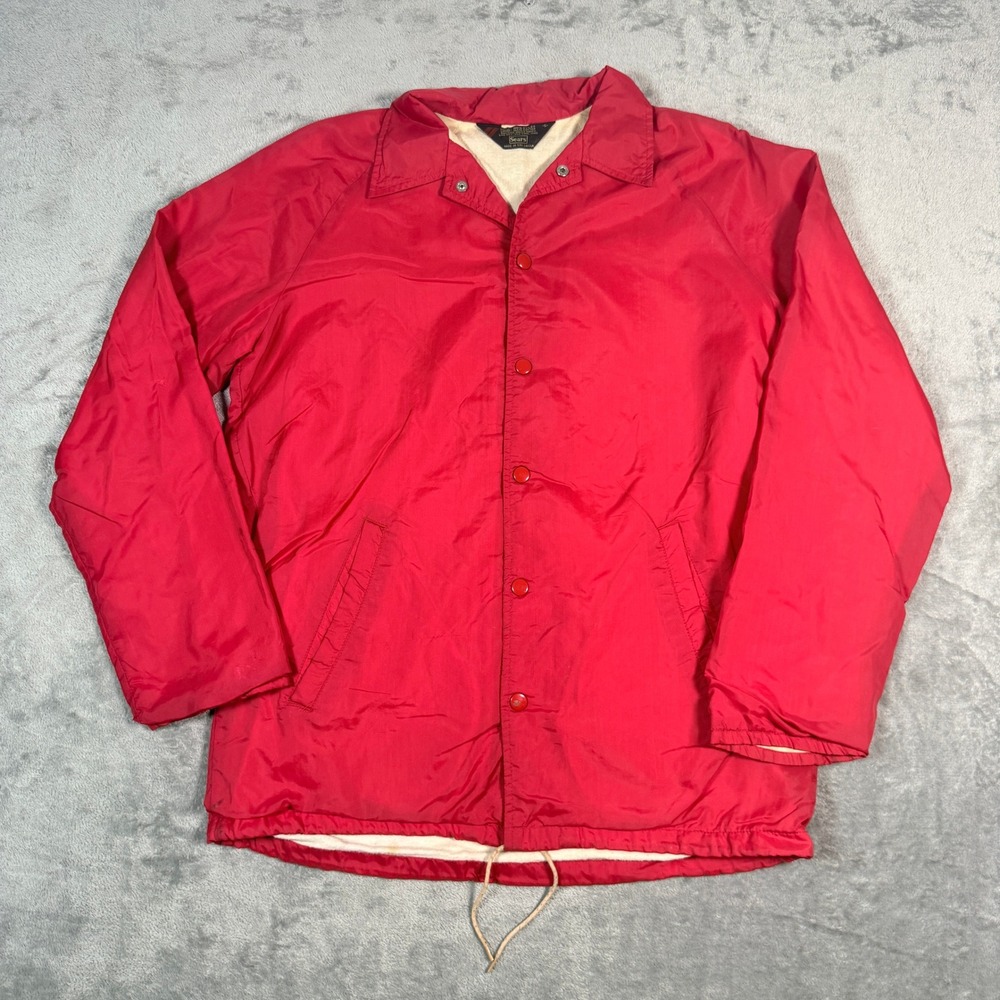 Vintage Sears Mens Small Coach Jacket Red Nylon Snap Front Windbreaker